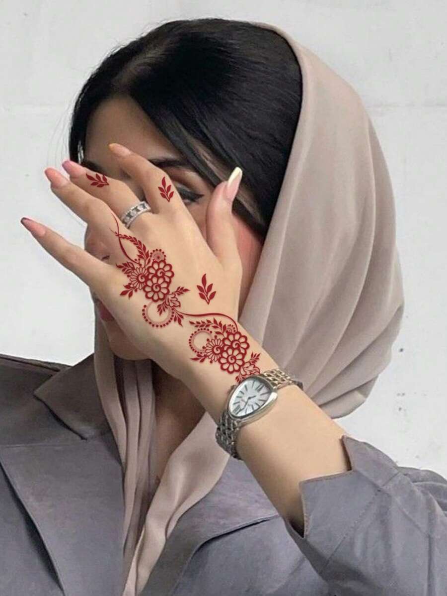 1 قطعة وشم مؤقت على شكل رباط الكشمير الجذاب على الأيدي والأصابع والقدمين، لنقل الرسومات على الجسم بالماء باللون الأحمر