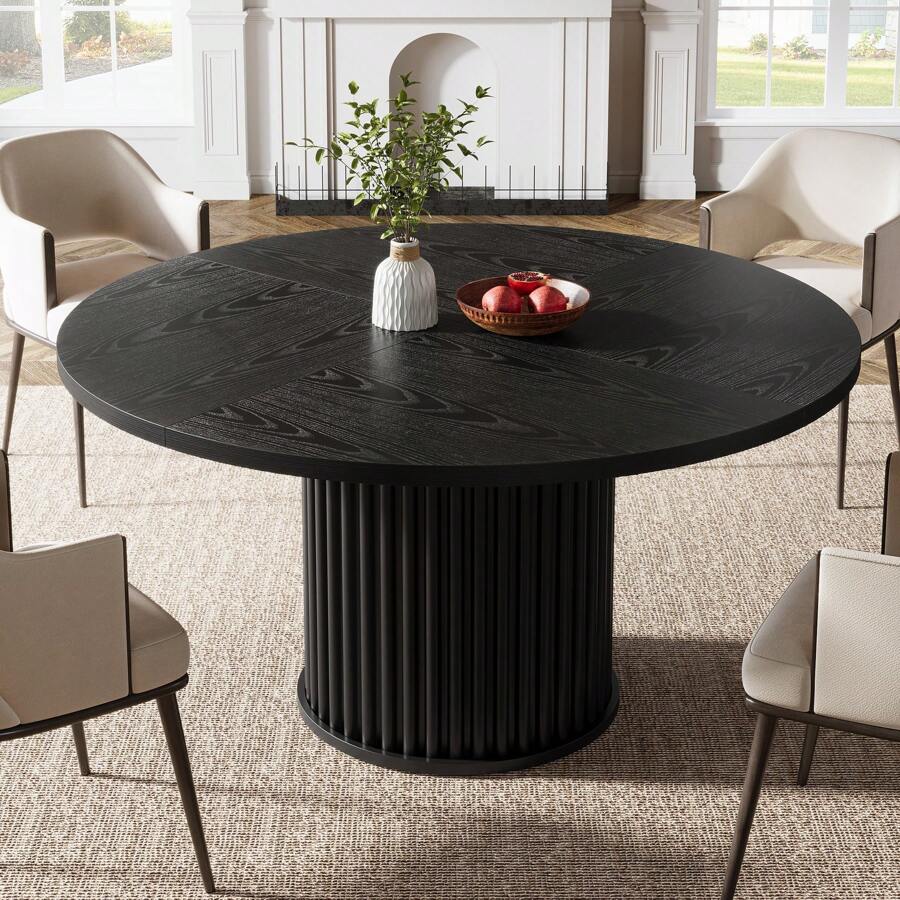 Tribesigns Table Ronde Salle Manger 120cm, Table a Manger Noire avec Plateau en Bois et Base en Métal, Capacité 4 Personnes, Tables de Salle à Manger Moderne - Noir - Voir 1