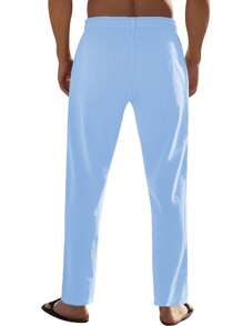 Men's Breathable Linen Pants Solid Color Drawstring Waist Casual Straight Leg Trousers For Summer - Blå - Visa 3