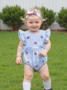Baby Girl 4th Of July Outfit Embroidered American Flag Bubble Romper Smocked Bodysuit Cute Summer Clothes - Blue - View 2