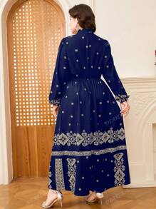 DEARCASE Plus Size Elegant Retro Print Notched Neck Long Dress