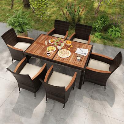  ERGOMASTER 7 PCS Patio Wicker Dining Set Outdoor Acacia Wood Table And 6 Stackable Chairs Patio Furniture Set With Cushions Umbrella Hole