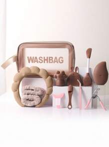 1/2/3/12件套化妆工具套装，包含：1个多功能防水拉链化妆包 + 1个发圈 + 2个小碗 + 1个睫毛夹 + 1个镊子 + 1个眼部化妆刷 + 1个洗鼻刷 + 1个硅胶猫爪脸刷 + 1个柔软硅胶面部工具 + 1个面膜刷 + 1个冰袋 - 彩色 - 查看 14