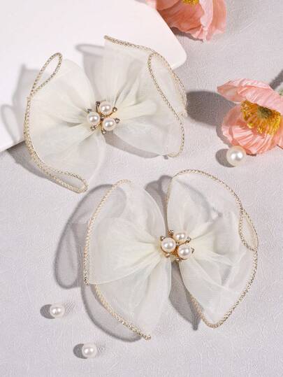 2个珍珠发夹，纯色网状发夹，时尚鳄鱼夹，适合女孩，派对礼物