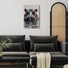 1pc Framed Canvas Poster, Hippo Animal Wildlife Wall Art Canvas Paintings, Ideal Gift For Bedroom Living Room Corridor, Wall Art, Room Decoration