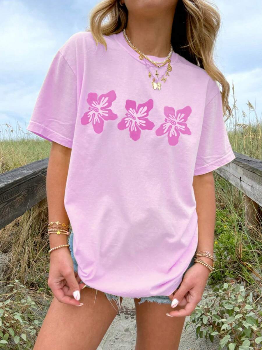 Oversized Graphic T Shirt For Women Teens Girl Y2K Floral Short Sleeve Baggy Tee Shirts Loose Fit Vintage Aesthetic Coastal Tops Summer Beach Going Out Tops - Bụi hồng - Xem 1
