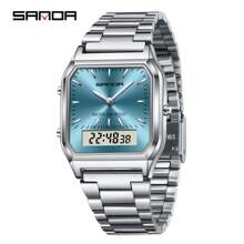 SANDA. SANDA Men's Fashion Watches Business Style Alarm Clock Steel Band Watch Square Dial