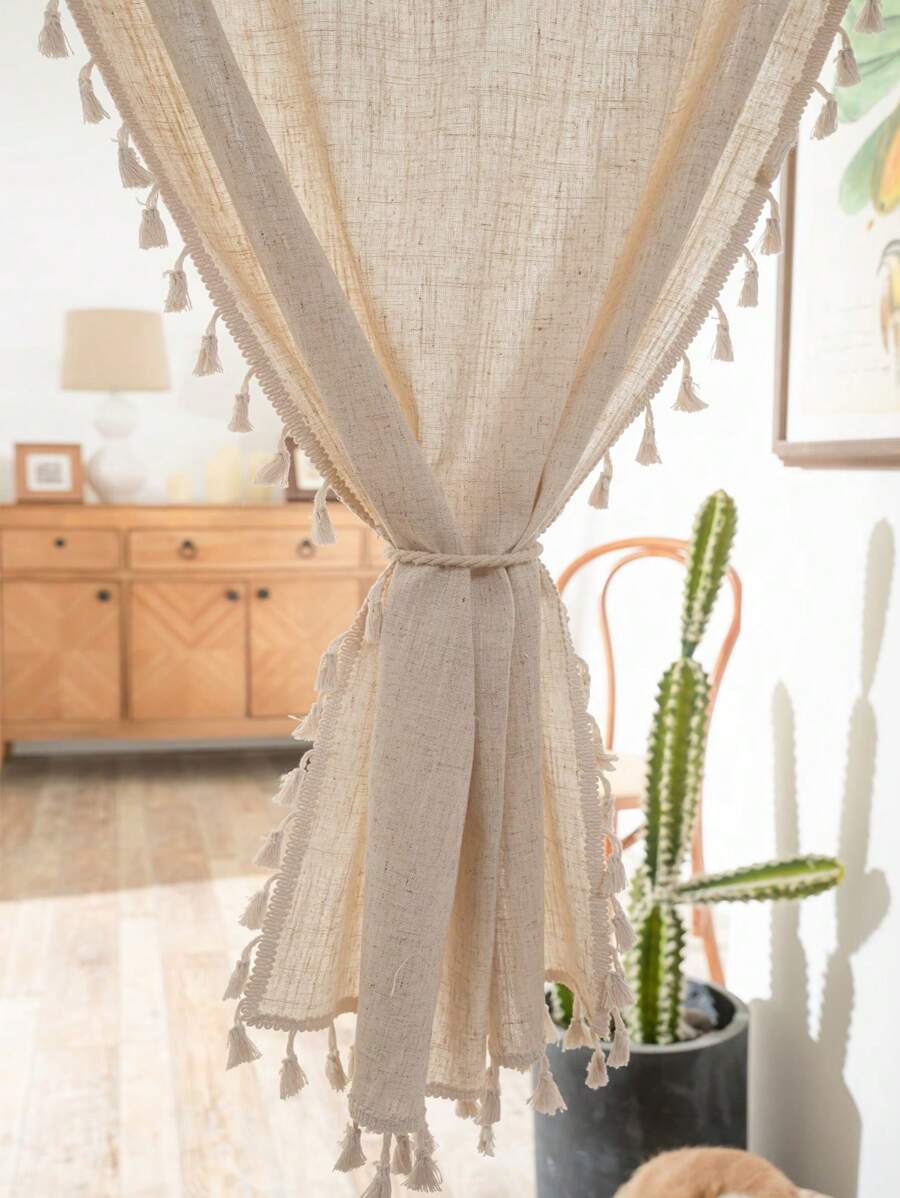 Bubaba 2pcs Vintage Handmade Linen-Like Material Curtain, Beige Privacy Curtain For Doorway, Bedroom, Wardrobe, Window, Blocking Light And Heat Insulation For Living Room - Beige - View 1