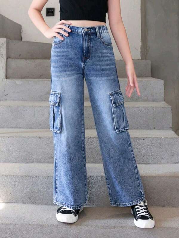 Vaqueros con talle alto y pierna recta para niña preadolescente, pantalones vaqueros de moda casual y personalizados adecuados para salidas