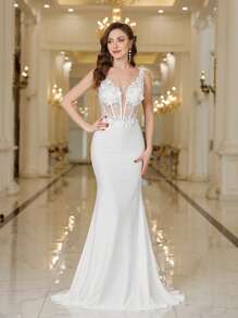 V-Neck Semi-Sheer Wedding Dress With Embroidered Beaded White Elegant Bridal Dress - 白色 - 查看 6