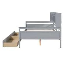 MERAX Full Size Daybed, Wood Slat Support, With Bedside Shelf And Two Drawers, Gray