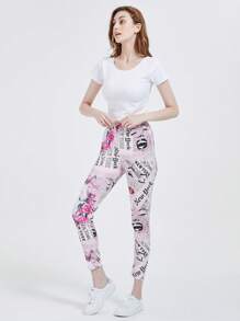 Womens Newspaper Inspired Stretchy Printed Leggings - Pink - View 4
