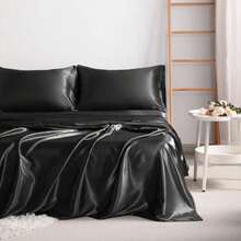 JIANGTAO 3/4 Piece Silky Satin Bedding Sets, Includes 1 Flat Sheet, 1 Fitted Sheet, 1/2 Pillowcases, Super Cool, Breathable And Soft, Frictionless Skin-Friendly And Anti-Acne, Luxury And Silky With Natural Sheen, Gift 32481 - 黑色 - 查看 1