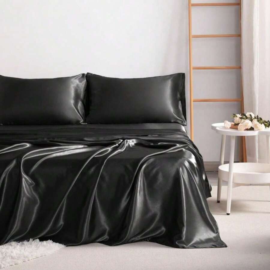 JIANGTAO 3/4 Piece Silky Satin Bedding Sets, Includes 1 Flat Sheet, 1 Fitted Sheet, 1/2 Pillowcases, Super Cool, Breathable And Soft, Frictionless Skin-Friendly And Anti-Acne, Luxury And Silky With Natural Sheen, Gift 32481 - 黑色 - 查看 1