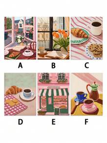 1/6pcs Coffee Shop City Bakery Illustration Croissants And Cookies Art Poster Canvas Painting Wall Print Picture For Kitchen Home Decor,Frameless