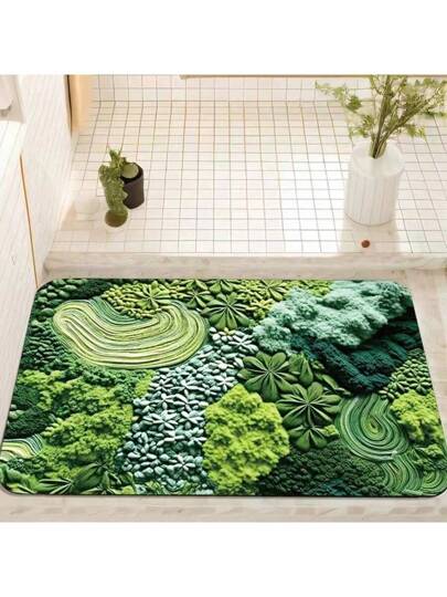 1pc Pastoral Rectangular Groen Carpet, Moss Velvety Faux Cashmere Zachte Warm Water Absorbent Vloer Mat, Fresh Plant Pattern, Visual 3D Effect Bathroom, Living Room, Bedroom, Entryway, Anti Slip, Washable Nordic Ins est Series, Soundproof Pad Study, Quick Dry view 2
