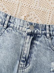 2件套女童休闲百搭圆领背心和复古破洞牛仔短裤套装 - 彩色 - 查看 4