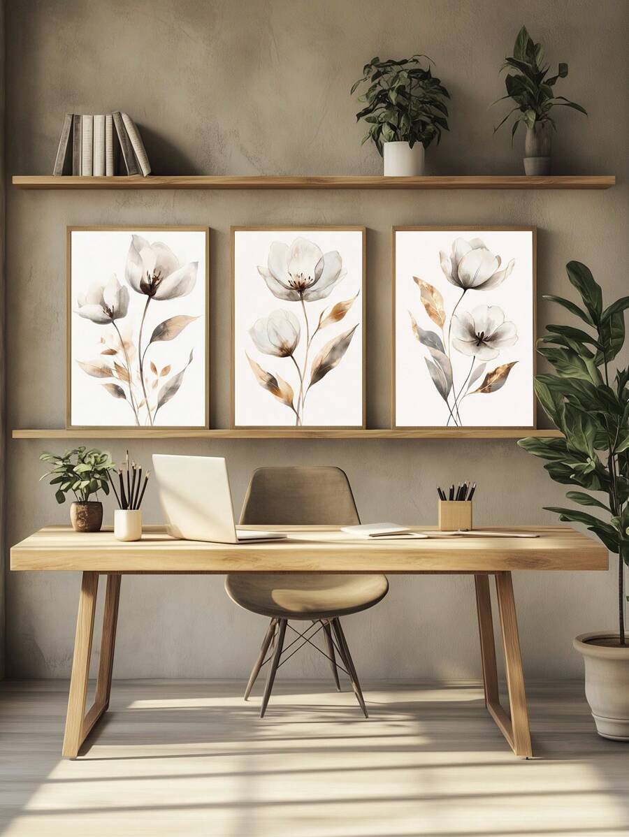Kit 3 Quadros Lírios branco e bronze Quadro Ideal para Sala de Estar, Escritório, - Marrom Claro - Visão 1