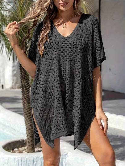 Plus Size Women Hollow Out Casual Sexy Semi-Sheer Beach Swimsuit Cover Up