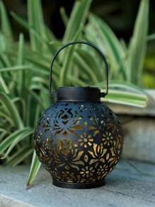 1Pc Solar-Powered Metal Lantern - Vintage Chinese Style Hollow Design,Black And Bronze, Perfect For Garden, Patio, Balcony & Lawn Decor, Outdoor Garden Lighting For Pathway, Yard, Patio