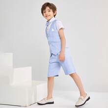 LONTAKIDS Boys Summer Suit Dress Clothes Kids Wedding Ring Bearer Outfit 4Pcs Shirt Vest Shorts Set - 藍色 - 查看 2
