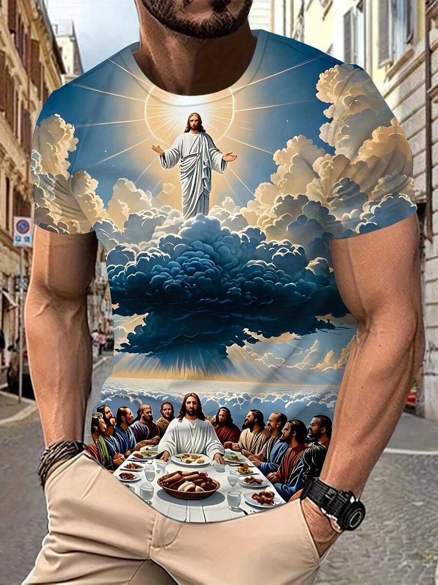 Men's Casual Jesus Print Round Neck Short Sleeve T-Shirt, Summer - Multicolor - View 1