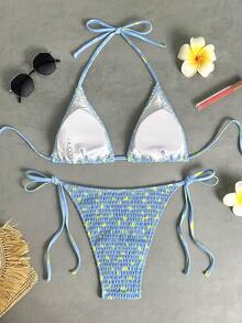 Women's Beachwear Summer Vacation Outfits,Lemon Yellow Daisy Floral Printed Shirred Triangle Bikini Tie Side Bottom Swimwear Set Beachwear - Blue - View 2