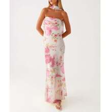Womens Floral Strapless Dress Y2k Backless Sleeveless Tube Maxi Long Dresses Sexy Mesh Bodycon Summer Beachwear - 米色 - 查看 3