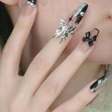 Chic 24Pcs Glitter-Rhinestone Ballet Nails - Long Black Strobe Full Cover Acrylic Tips For An Elegant Halloween Press On Nails Nail Supplies Nails - Multicolor - View 8