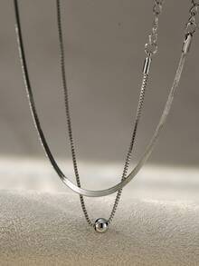 2pcs Set Silver Minimalist Stainless Steel Blade Chain & Venetian Chain With Copper Bead Bracelet, Suitable For Daily Wear - Silver - View 2