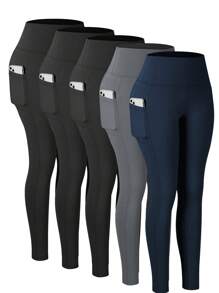 5pcs Pink Women Legging With Pocket Full Stretch High Waist Tummy Control Workout Yoga Pants - 3黑1灰1藏青 - 查看 1