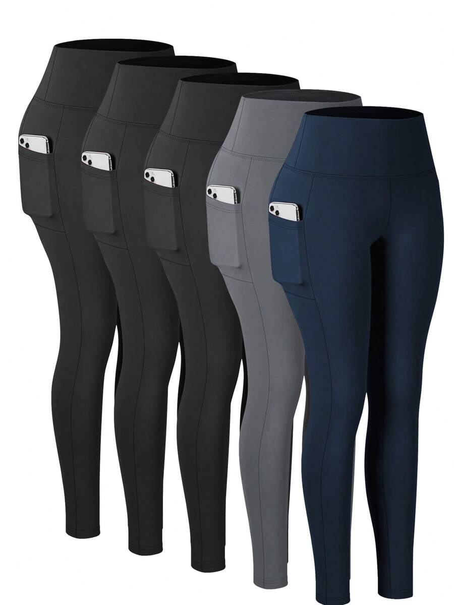5pcs Pink Women Legging With Pocket Full Stretch High Waist Tummy Control Workout Yoga Pants - 3黑1灰1藏青 - 查看 1