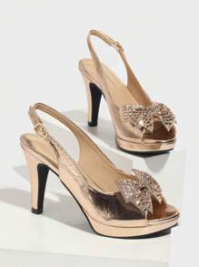 Spring/Summer Women's High Heel Sandals, New Crystal Bow Peep Toe Platform Thick Sole Wedge Heels, Champagne Color, Glamorous & Elegant For Party, Banquet, Vacation, Fashion & Versatile - Champagne - View 6