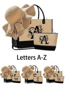 一套女士沙滩手提包，帆布包和帽子，字母A-Z，适合婚礼、生日、节日和其他场合，是送给女性、母亲、老师、朋友、伴娘、学生以及返校季的绝佳礼物。大容量旅行手提包，适合度假、周末旅行，是送给朋友或女士的个性化生日礼物，附赠围巾，也是教师节的最佳礼物。 - 卡其色 - 查看 2