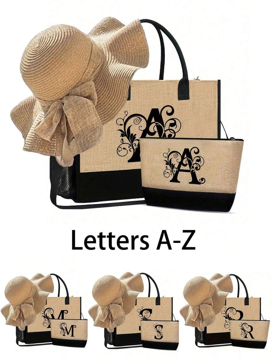 一套女士沙滩手提包，帆布包和帽子，字母A-Z，适合婚礼、生日、节日和其他场合，是送给女性、母亲、老师、朋友、伴娘、学生以及返校季的绝佳礼物。大容量旅行手提包，适合度假、周末旅行，是送给朋友或女士的个性化生日礼物，附赠围巾，也是教师节的最佳礼物。