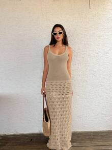 Women's Casual Hollow Out Sleeveless Knit Tank Dress For Beach Vacation, Summer Crochet Hollow Knit Beach Dress, Women's Vacation Bohemian V-Neck Cover Up Dress, Spring/Summer/Autumn - Khaki - View 9