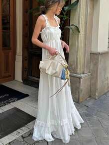 Women Long Tank Dress Lace Trim Tie-Up V Neck Sleeveless Backless Empire Waist Ruffle Dress For Evening Party Club