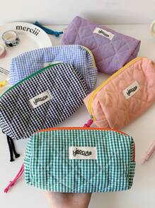 Estuche de lápices con diseño de color block y cuadros, estuche de lápices de diseño básico y suave para papelería, estudiantes, niñas, cosméticos y artículos varios, de vuelta a la escuela, útiles escolares, estuche de lápices, mochila escolar