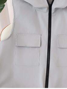 Cargo Style Zip-Up Hooded Vest With Large Pockets, Sleeveless, Versatile, For Spring, Summer, Autumn - Grey - View 7