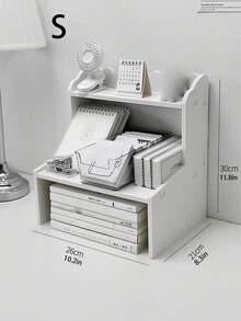 1 pieza Estantería vertical de escritorio de madera blanca y plástico, organizador de mesa para dormitorio, sala de estar, oficina y dormitorio para libros, papelería, figuras, computadoras y otros artículos