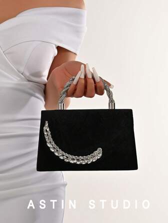 女士优雅黑色天鹅绒派对手包，时尚奢华羽毛和水钻装饰正式活动钱包，适合婚礼、联欢晚会、圣诞派对等晚间场合