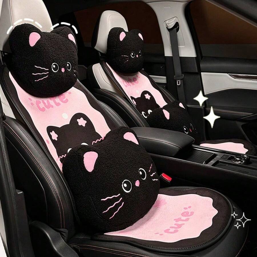 Non-Slip Car Seat Cover With Cute Cartoon Cat Design - Premium Plush Semi-Cover Auto Seat Pad For Cars/Trucks/SUV, Anti-Skid Cozy Car Accessories With Universal Fit - Multicolor - View 1