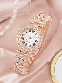 6-Piece Girl's Watch Set With Rhinestones, Roman Numeral Dial Quartz Watch + Bracelet, Necklace, Ring, Earrings, Alloy Band And Case, Gift For Mother's Day, Birthday, Anniversary - Multicolor - View 6