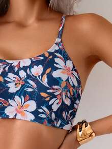 Elegant Casual Spaghetti Strap Backless Bikini Set With Bow Tie Shorts, For Women - Navy Blue - View 2