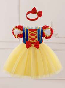 Baby Girls Yellow Puff Sleeve Embroidery Mesh Luxury Princess Dress, Suitable For Party