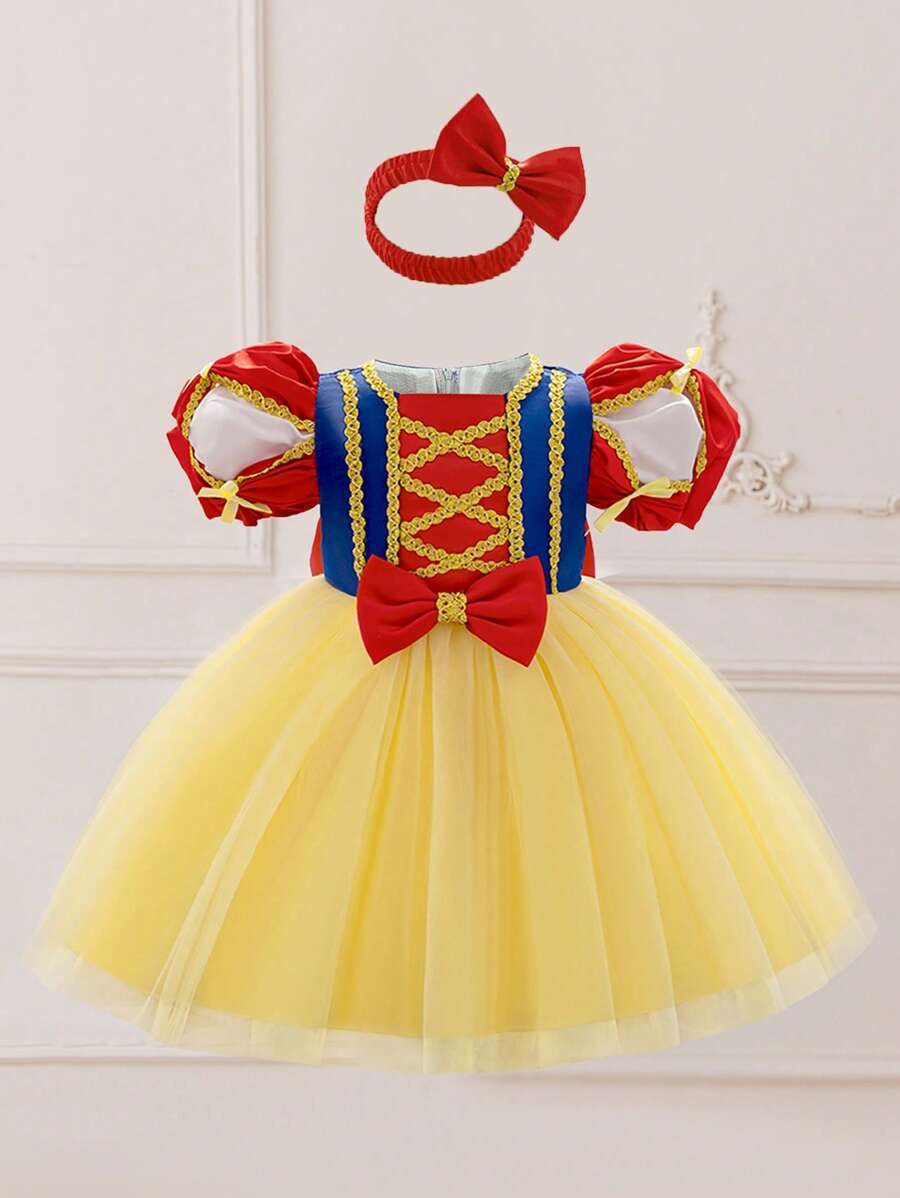 Baby Girls Yellow Puff Sleeve Embroidery Mesh Luxury Princess Dress, Suitable For Party