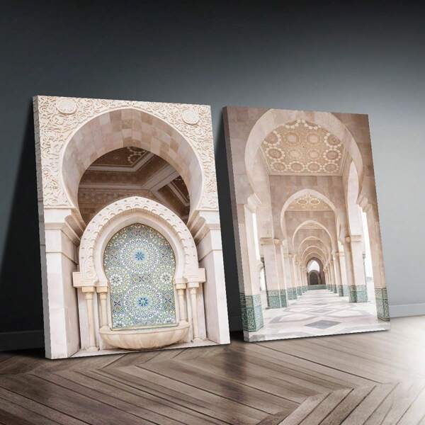 2 pezzi di cartellone su tela senza cornice, pittura stampata su tela, pittura da viaggio musulmana, arte murale , araba, di architettura di porte, edifici, arco moresco, decorazione murale per la casa, senza cornice
