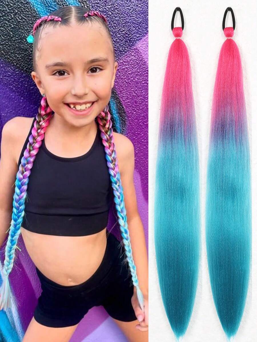 1PC/2PCS Synthetic 28" Straight Ponytail With Elastic Rubber Band Colorful Braids Ponytail Hair Extensions Suitable For KIDS Daily Wear - Two-Tone - View 1