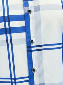 Camisa xadrez de manga curta casual masculina, camisa versátil e elegante para trabalho e lazer, com gola virada para baixo e design de 7 botões - Azul e branco - Ver 6