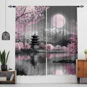 2pcs Set, Japanese Sakura Pavilion Pattern, 3D Digital Printing, Suitable For Living Room, Bedroom, Balcony, Study, Creates A And Romantic Ambiance.